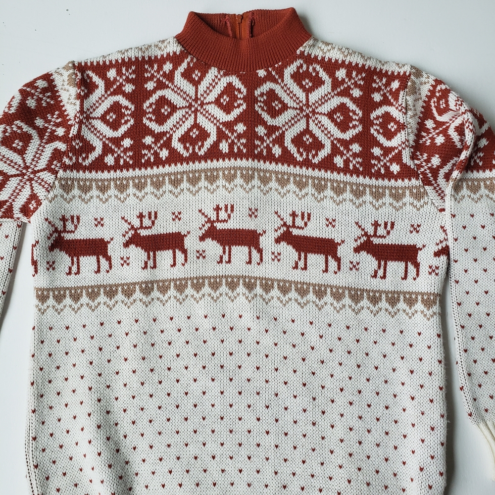 1960s 1970s Jersild Vintage Festive Knit Sweater Orange Cream Reindeer Mock Neck